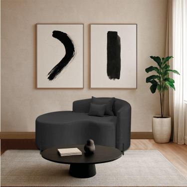 Imagem de Divã Recamier Curvo Sala De Estar Recepção Inglaterra 150cm Pés Metal Preto Lado Esquerdo Linho Preto