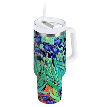 Imagem de ODAWA Copo de viagem isolado grande com alça e canudo, copo à prova de derramamento de íris com canudo