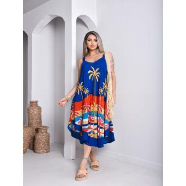 Imagem de Vestido Longo Feminino de Alça Estampa Tropical Cor:AzulTamanho:M - De