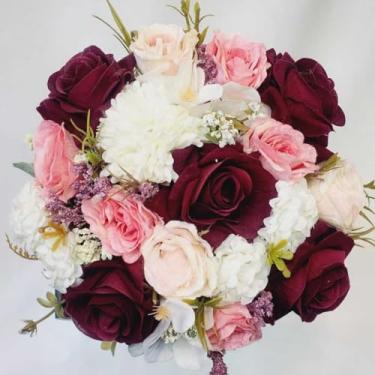 Imagem de Buquê de Noiva Artificial 30cm – Flores de Seda com Pérolas para Casamentos e Damas de Honra(00525/Marsala/Rosa/Branco)