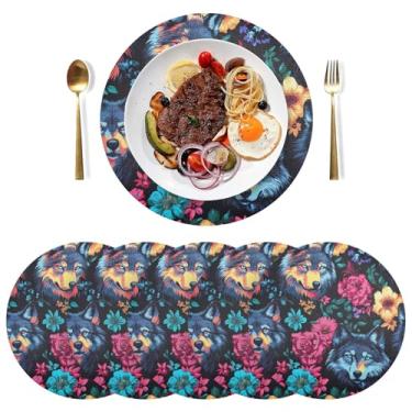 Imagem de Jogo americano circular floral Wild Wolf de 38 cm, jogo americano para mesa, resistente ao calor, conjunto de 6