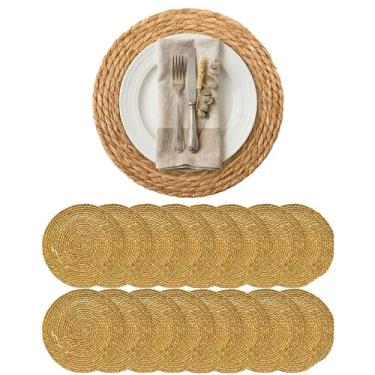 Imagem de Jogo americano de tecido redondo de 33 cm, conjunto de 16 - Carregadores de vime tecidos à mão naturais para pratos de jantar, tapetes de mesa de vime de juta trançados, decoração de mesa rústica boho
