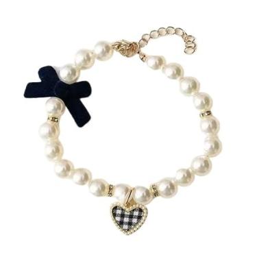 Imagem de Coleiras Colar Pet P Vermelho com Pérola e Coração Vintage com Laço de Veludo Para Cachorro e Gato Com um Design Requintado e Esteticamente Agradável Leve e Fácil de Transportar (Preto,G)