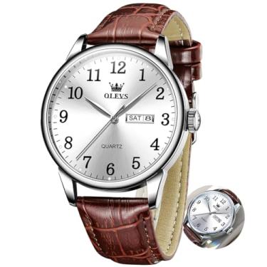 Imagem de OLEVS Relógios masculinos de couro, números arábicos masculinos de fácil leitura, relógios de rosto grande com calendário de estilo simples para homens (mostrador branco/preto/azul), 5535 - branco 2, round, Movimento de quartzo