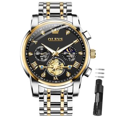 Imagem de OLEVS Relógios masculinos de luxo de aço inoxidável, relógio social fácil de ler, mostrador grande, cronógrafo, casual, analógico, números romanos, reloj para hombre, Pulseira dourada e prata face