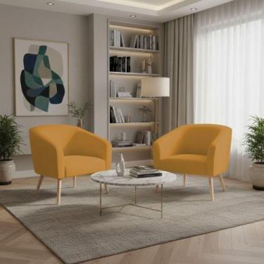 Imagem de Poltrona Sala Decorativa Kit 2 Stella Pé Palito Natural Veludo Mostard