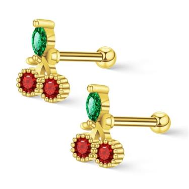Imagem de Niaspi Brincos de cartilagem de cereja, aço inoxidável, cristal vermelho, 18G, tragus, hélice, piercing de concha, parafuso nas costas, fruta doce, joia de orelha delicada para mulheres, 18G, Aço