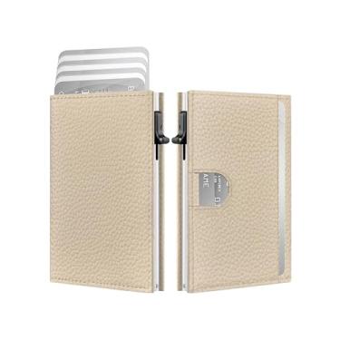 Imagem de Carteira masculina - couro minimalista com três dobras, capa para cartão pop-up inteligente com bloqueio de RFID, porta-cartões de crédito de metal fino de 10 a 15 cartões, carteiras pequenas com