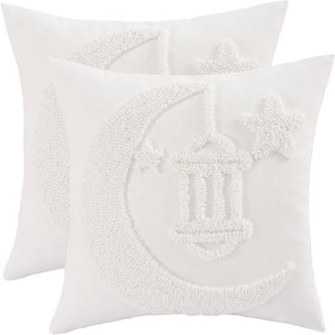 Imagem de Tosleo Capas de almofada de lanterna Ramadã 45,7 x 45,7 cm conjunto de 2 capas de almofada bordadas bege tufadas Ramadã Mubarak decorações de lua e estrela do Ramadã para sofá de casa sofá ao ar livre