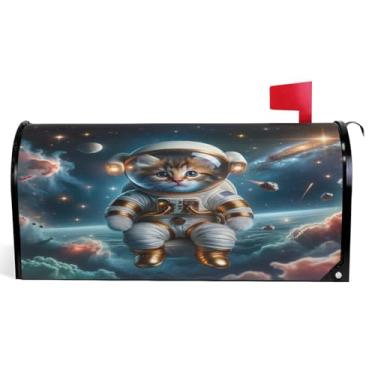 Imagem de Capas de caixa de correio de outono caixas de correio de vinil sazonal magnéticas envoltórios inverno gato bonito astronauta gatinho decoração caixa de correio moderna tamanho padrão 52,6 x 45,8 cm