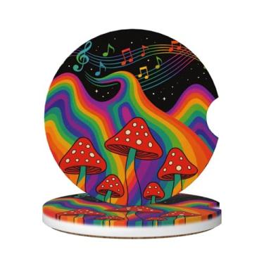 Imagem de FeHuew 2 peças retro cogumelo arco-íris música porta-copos de carro cerâmica universal antiderrapante absorvente dedo entalhe conjuntos para bebidas decoração automática