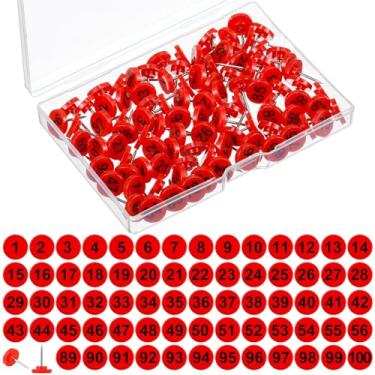 Imagem de Teling 100 pinos numerados, 100 tachinhas de polegar sequenciais, alfinetes planos com números, 11 mm de diâmetro, 16 mm de comprimento, tachinhas para mapas, apresentações, fotos, pôster (vermelho)