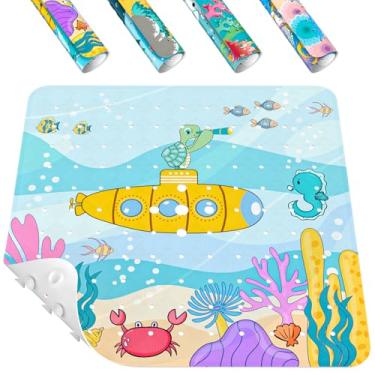 Imagem de HITSLAM Tapete de chuveiro quadrado, antiderrapante, secagem rápida, 53 x 53 cm, tapete de banheira para crianças com ventosas e orifícios de drenagem, lavar à máquina, macio nos pés, submarino