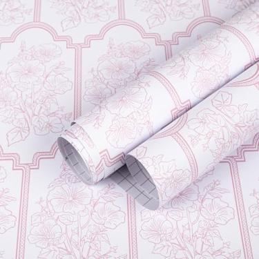 Imagem de Papel de parede floral rosa e branco descascar e colar moderno boho vintage papel de parede para banheiro cozinha papel de parede de vinil removível à prova d'água papel de parede amigável para