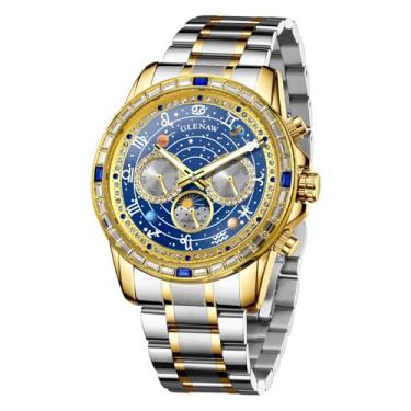 Imagem de Glenaw Relógios automáticos masculinos - Relógio mecânico masculino com mostrador giratório com estrela celestial, mostrador diurno e fase da lua, relógio de corda automática, ponteiros luminosos