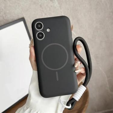 Imagem de Capa de silicone líquido macia da moda para iPhone 13 12 14 15 16 Pro Max 16 Plus, cor sólida, alça de pulso, capa de telefone, preta, para iPhone 12 Pro Max