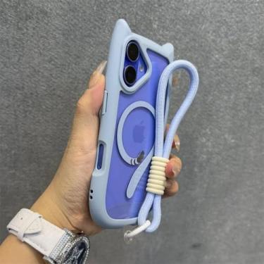 Imagem de Capa magnética com estampa de gato para iPhone 16 ProMax 12 13 14 15 Pro Max 16 Plus 11 com pulseira e cordão, capa transparente, azul, para iPhone 13 ProMax