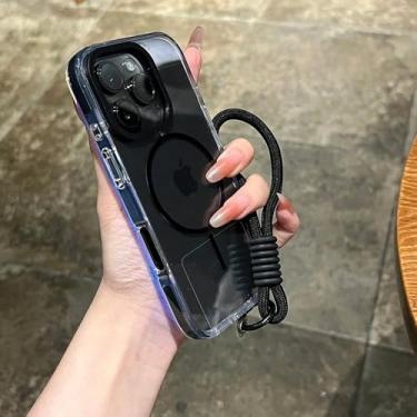 Imagem de Capa magnética transparente para iPhone 14, 15, 16 Plus, 11, 12, 13, 16 Pro Max, alça de pulso transparente, capa protetora à prova de choque, preta, para iPhone 11