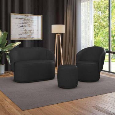 Imagem de Sofá Namoradeira Com Poltrona E Puff Orgânico Sala Malu Sintético Preto M11 - D`rossi
