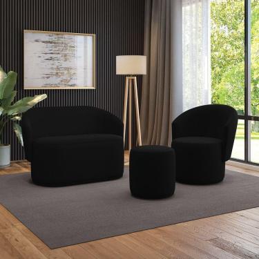 Imagem de Sofá Namoradeira Com Poltrona E Puff Orgânico Sala Malu Suede Preto M11 - D`rossi