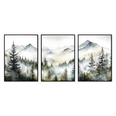 Imagem de 3 peças de arte de parede floresta nebulosa impressão aquarela montanha decoração de parede paisagem natureza árvore abstrata pintura moderna para sala de estar (SKU3-3PCS, 12 x 18 pol. = (30 x 45 cm