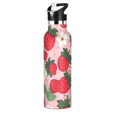 Imagem de Joisal Garrafa de água rosa para meninos morango e floral com tampa de palha, garrafas de água isoladas de aço inoxidável, à prova de vazamento, copos infantis livres de BPA para escola, viagens