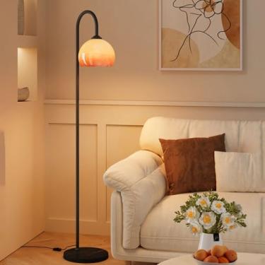 Imagem de Luminária de chão moderna com cúpula de vidro laranja, ideal para criar ambientes aconchegantes. Luminária vertical elegante e alta, perfeita para quartos e salas de estar. Base de mármore p