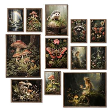 Imagem de Dazzlewall Pôster de arte de parede de 12 peças Dark Cottagecore, estampa de imagem de borboleta de fada cogumelo florestal misteriosa estética para dormitório quarto sem moldura