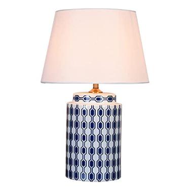 Imagem de Abajur de cabeceira vintage americano com cúpula de tecido em formato de tambor, 59 x 38 cm, estilo Chinoaserie, em cerâmica, porcelana de Jingdezhen, China. Abajur de mesa antigo.