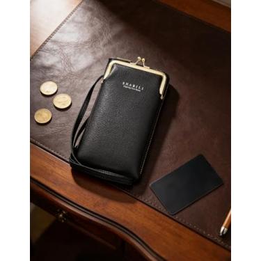 Imagem de Bolsa tiracolo feminina de couro preto, carteira com zíper multicamadas e bolsa de pulso