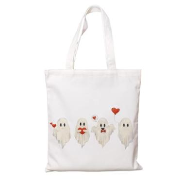 Imagem de Sacola de lona para mulheres, sacola de compras reutilizável, bolsa de ombro branca estética, presente de dia dos namorados para ela, estampa fofa de fantasmas de amor, mantimentos assustadores e