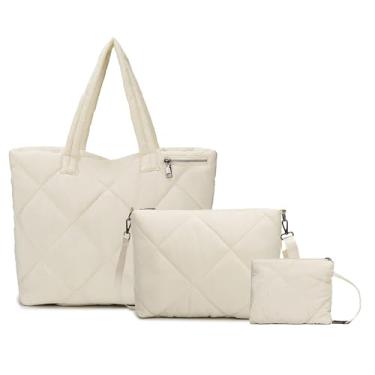 Imagem de Conjunto de bolsas acolchoadas para mulheres, bolsa de ombro acolchoada com bolsa transversal e bolsa pequena, bolsa leve para viagem, trabalho, academia, Bege
