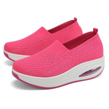 Imagem de RUIDENG Tênis de caminhada feminino para enfermeira, antiderrapante, para trabalho, corrida, mocassins, plataforma, confortável, leve, Vermelho rosa 25133, 40