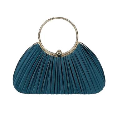 Imagem de Bolsa clutch feminina dourada com purpurina, plissada, para festa de casamento nupcial com anel de strass, Anel azul