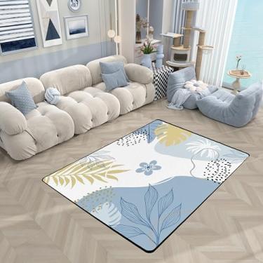 Imagem de Tapete azul com flores de folhas fofas para sala de estar | Tapete de área grande com círculo boho, 12 x 17 cm, lavável, antiderrapante, redondo, folhas botânicas, tapete abstrato para sala de jogos