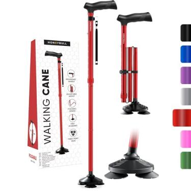 Imagem de HONEYBULL Bengala para Homens e Mulheres - Dobrável, Ajustável, Colapsável, Auto-Sustentável, Ponta Pivotante, Resistente, com Bolsa de Viagem | Bastões de Caminhada para Idosos e Adultos [VERMELHO]