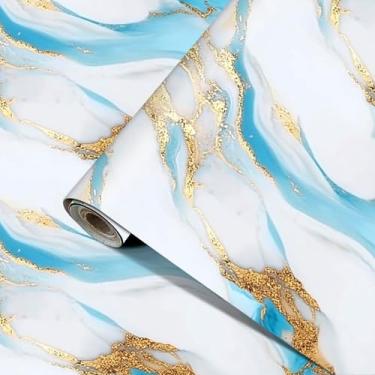 Imagem de HOMETITUTE Papel de parede de mármore azul dourado descasque e cole 39,9 cm x 100 cm papel de contato de mármore de vinil removível autoadesivo para decoração de móveis de armários de bancada de