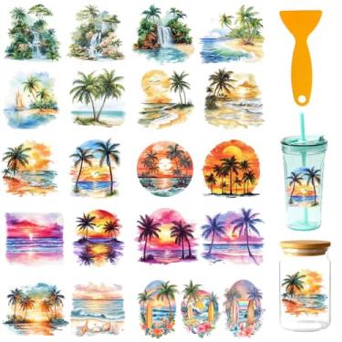 Imagem de GOMAKERER 21 peças de envoltórios de copo DTF UV Palm Beach para vidro de 473 ml, adesivos de transferência DTF UV DTF para praia de 11 x 23 cm, adesivos de transferência à prova d'água para garrafas