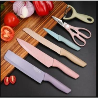 Imagem de Conjunto de Facas de Cozinha 6 Peças Antiaderente em Aço Inox – Kit Profissional para Cozinha e Churrasco(cor)