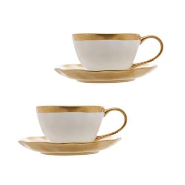 Imagem de Xícara De Chá Em Porcelana Branca Com Dourado Dubai 200ml Com Pires Delicado Elegante (2, 200ml)