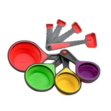 Imagem de Conjunto de Xícaras e Colheres Medição 8 peças Ferramenta Silicone Colapsível Marcas Gravadas para Líquidos Secos Ferramentas Cozinha Bolo Economizar