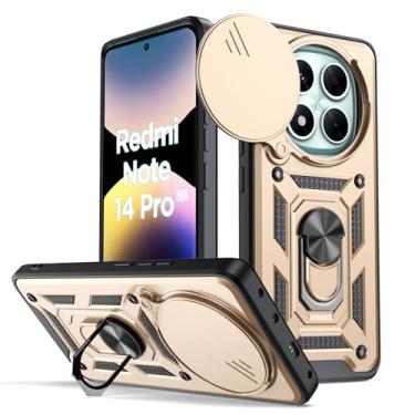 Imagem de Capa para celular Xiaomi Redmi Note 14 Pro 5G, com capa deslizante para câmera, suporte giratório de 360° e capa protetora de silicone TPU - dourado