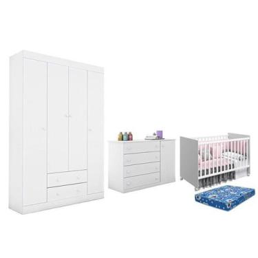 Imagem de Dormitório Helena Guarda Roupa, Cômoda e Berço Mel com Colchão Physica