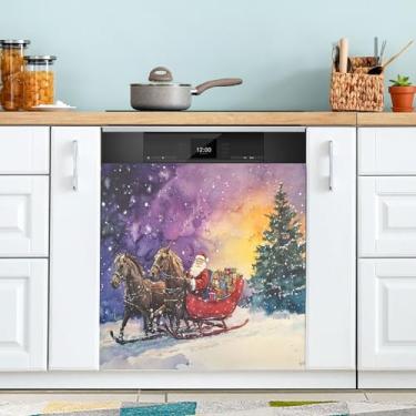 Imagem de xigua Aquarela Natal Papai Noel capa magnética para lava-louças, adesivos magnéticos decorativos antiarranhões para painel de geladeira e lava-louças, decoração personalizada de cozinha doméstica 58 x