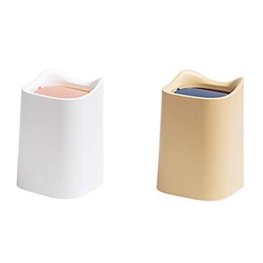 Imagem de pcagfaajmh Caixote do lixo caixote do lixo minúsculo mini cesto de lixo de plástico para bancada, secretária, escritório, cozinha, armário, porta, casa de banho, quarto, lixeira (cor: rosa + branco