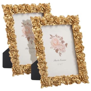 Imagem de UKQRRTC 2 porta-retratos vintage de 12,7 x 18 cm, moldura de resina feita à mão, aparência elegante, exibição de fotos para mesa e parede, decoração de casa, arte, casamento (ouro)