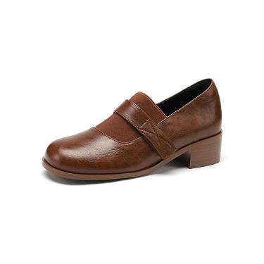 Imagem de TinaCus Sapato feminino de couro legítimo com estampa de bico fino Hnamdade Cute Bowtie Mid Chunky Heels Elegant Pump com zíper, Marrom, 38