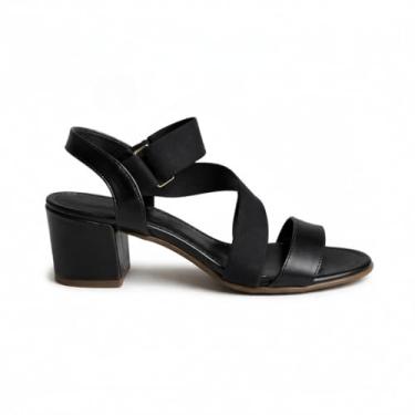 Imagem de Sandália Feminina Salto Grosso 7cm com Tiras Elásticas Cruzadas, Solado Antiderrapante, Detalhe Metal Inox, Ajuste Fácil (Preto, BR, Adulto, Numérico, 36)