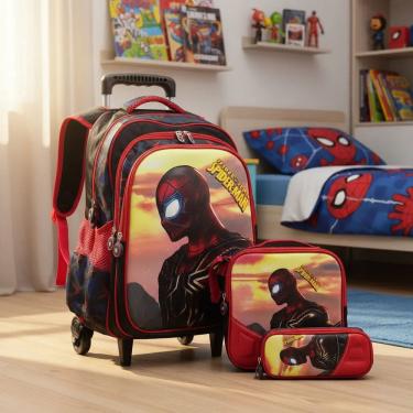 Imagem de Kit Mochila Rodinha +lancheira Térmica+estojo H. Aranha 3d Preto Homem Aranha Preto