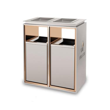 Imagem de Lata de lixo ao ar livre Lixeira externa com barris duplos, coluna quadrada de cinzeiro metal, lata lixo grande comercial doméstica moderna (com cinzeiro) cinza e branco